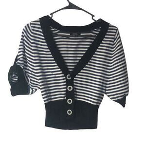 XOXO Womens Cardigan Sweater‎ Deep V-neck Cropped Size Small Black White Stripes